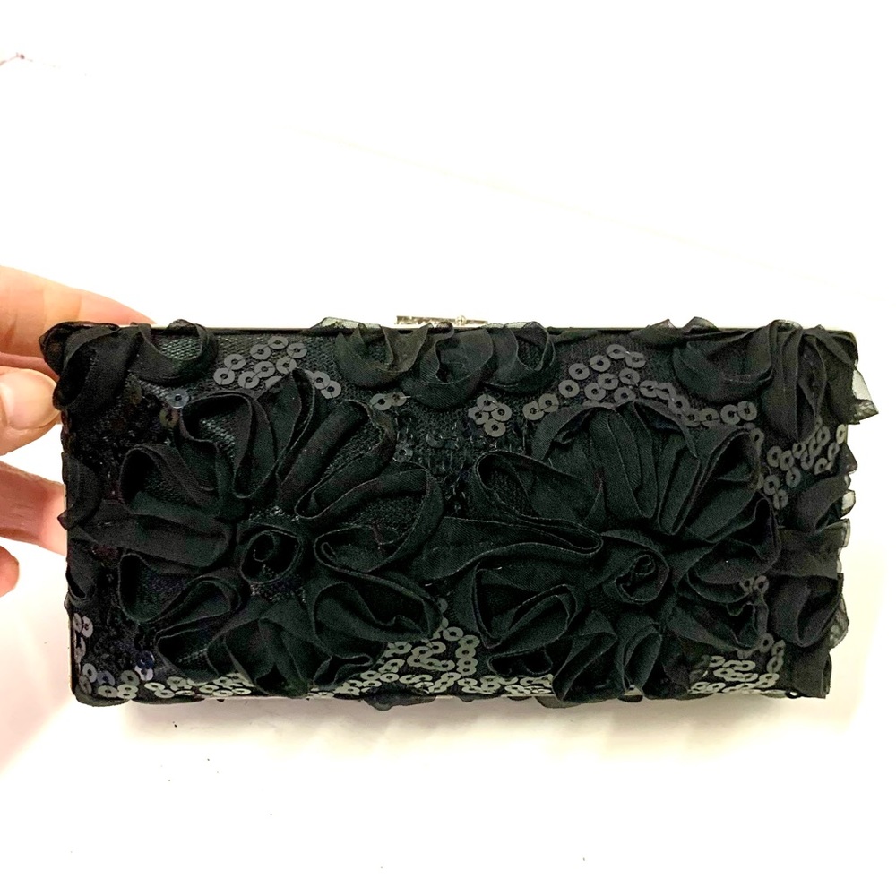 Formal Clutch Black, Sequin, Clutch Handbag with gold trim & rhinestone closure